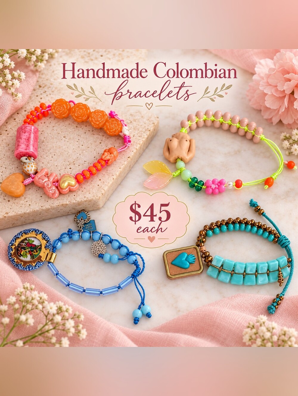 Handmade Colombian Bracelets Pink & Blue